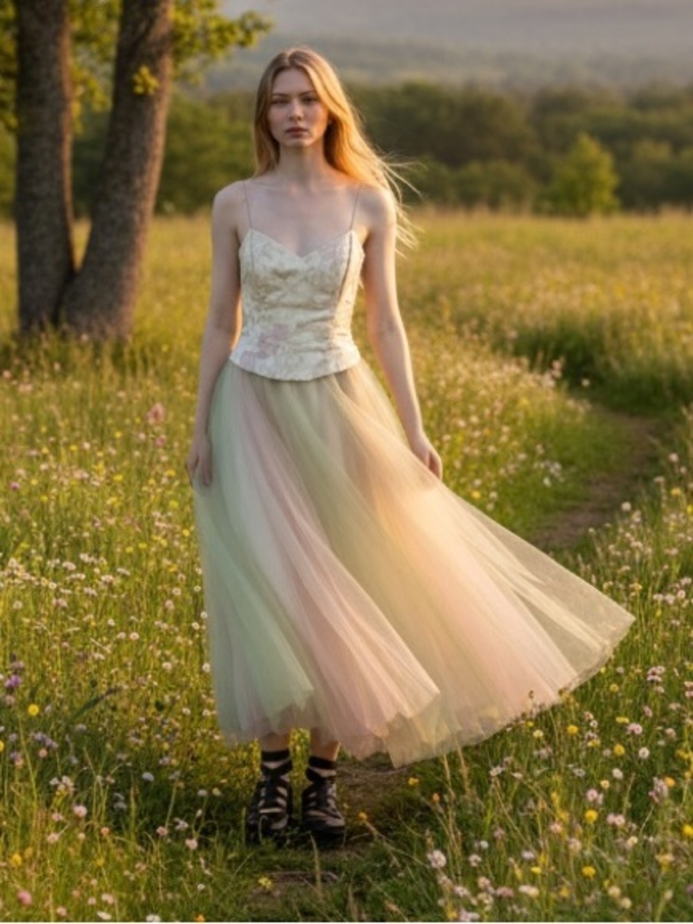 VTG 90s Dave & Johnny Metallic Floral Jacquard & Mint pink Ombre Tulle Formal Go